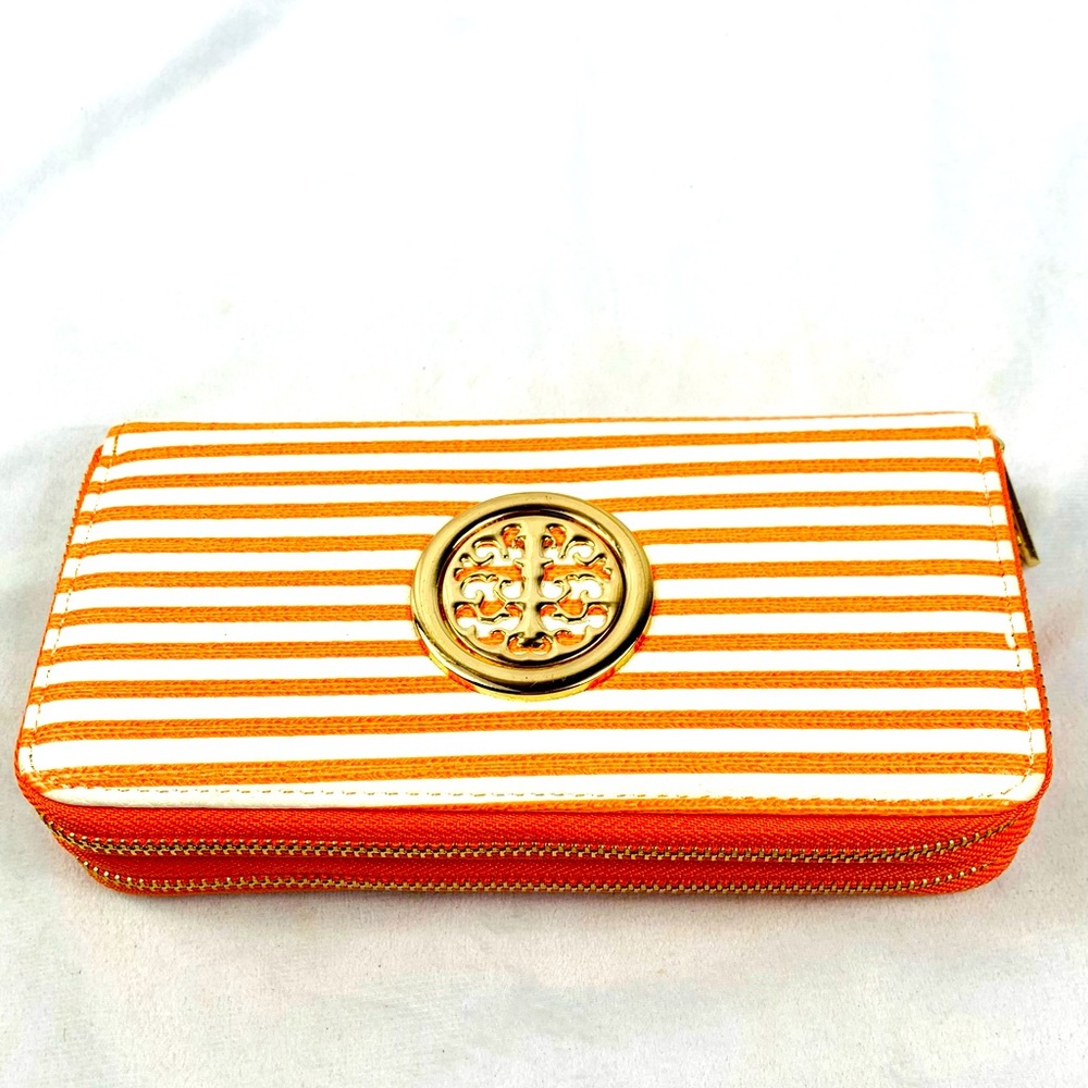 Orange and white double zipper wallet